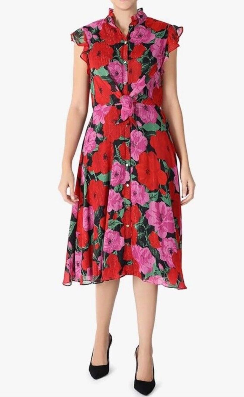 Julia Jordan Red Multicolor Floral Flutter Sleeve Fit & Flare Midi Dress Size 8